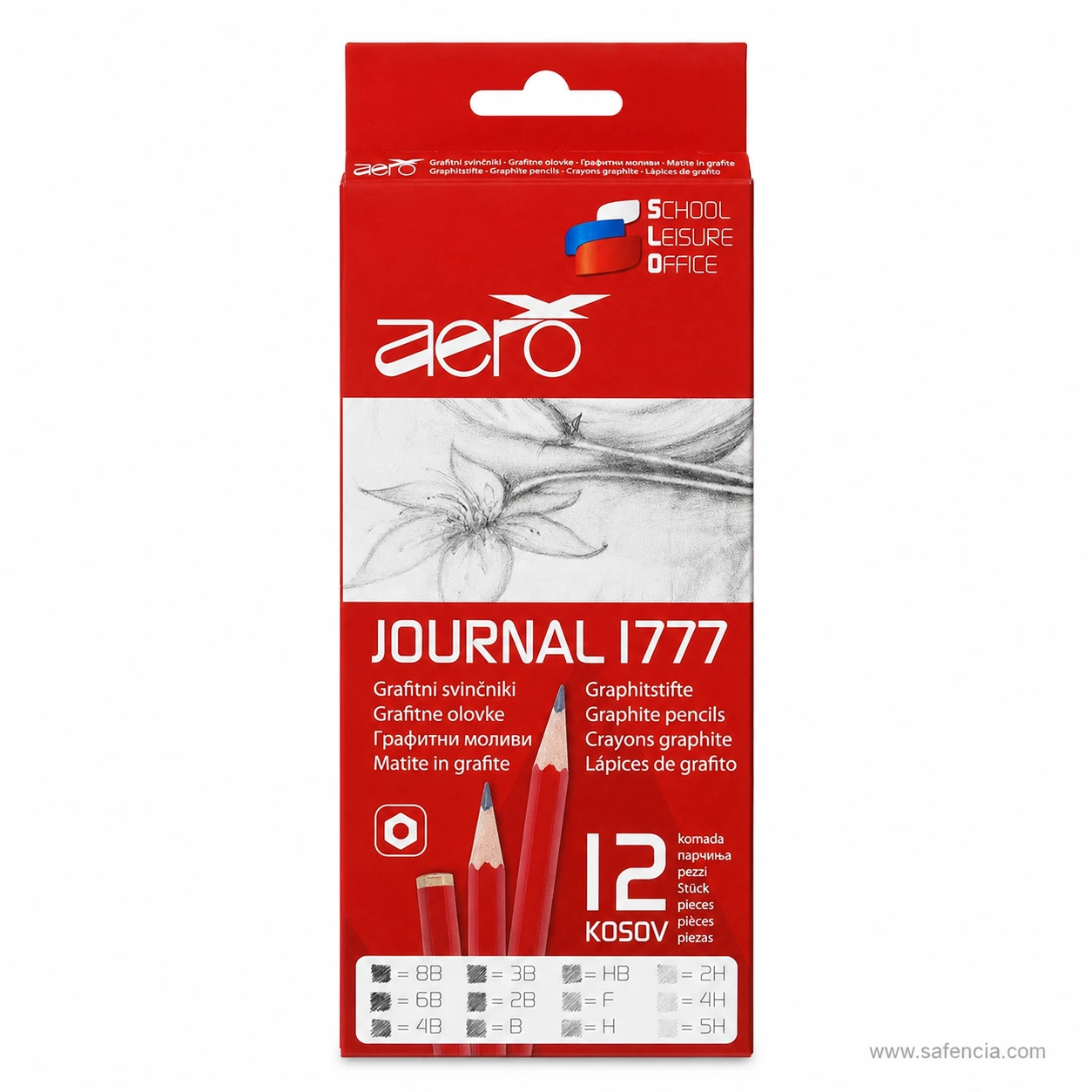 Aero 1777 graded drawing pencil tin packaging showing 12 graphite pencils
