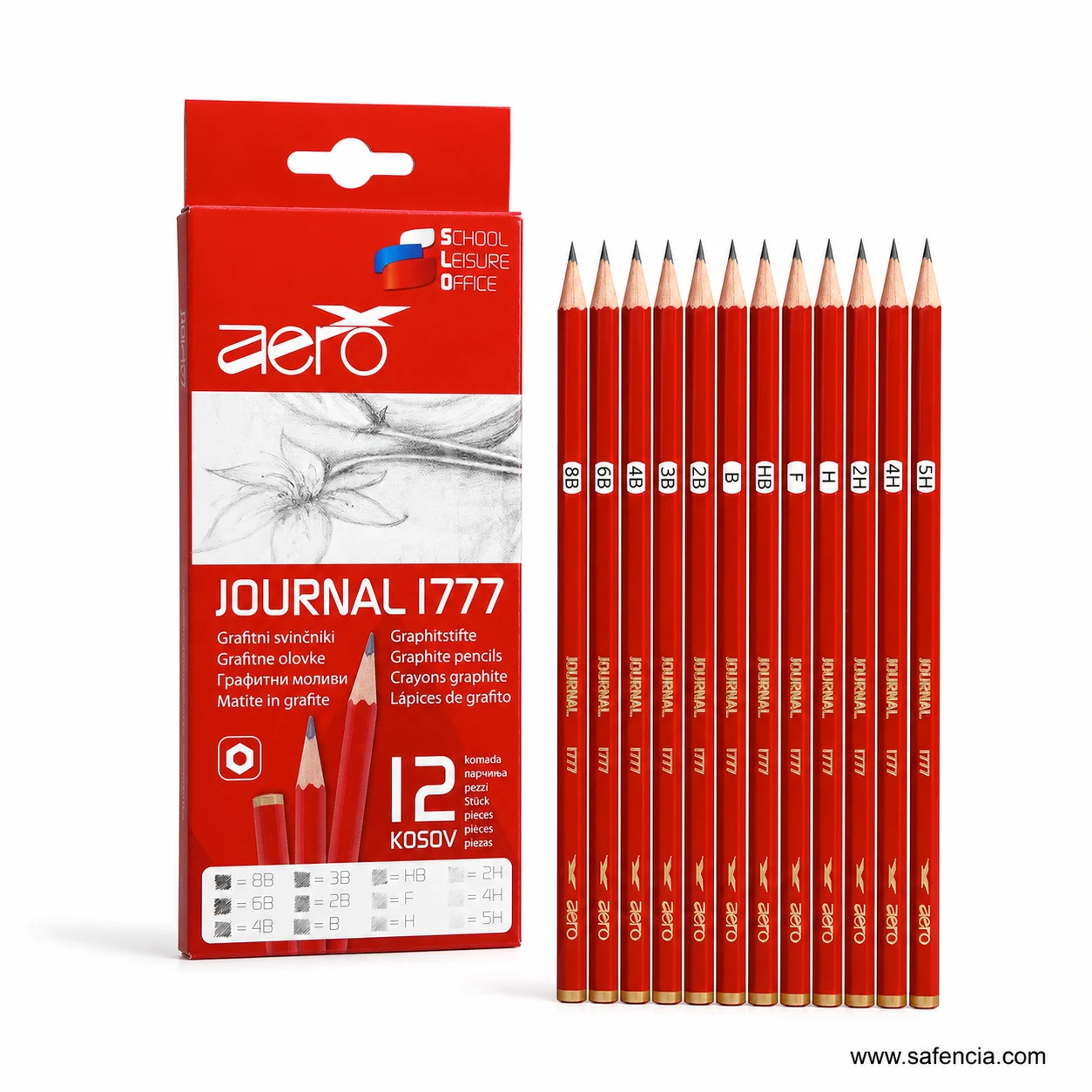 Aero drawing pencil set with twelve sharpened red pencils lined beside the front of the Journal 1777 box