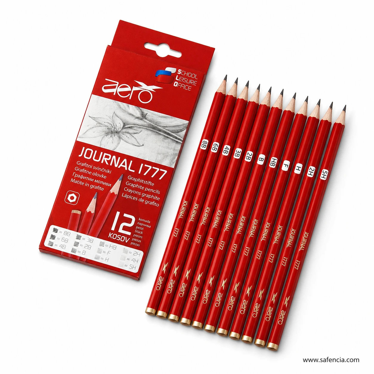 Angled Aero Journal 1777 retail box with complete set of twelve red graphite drawing pencils