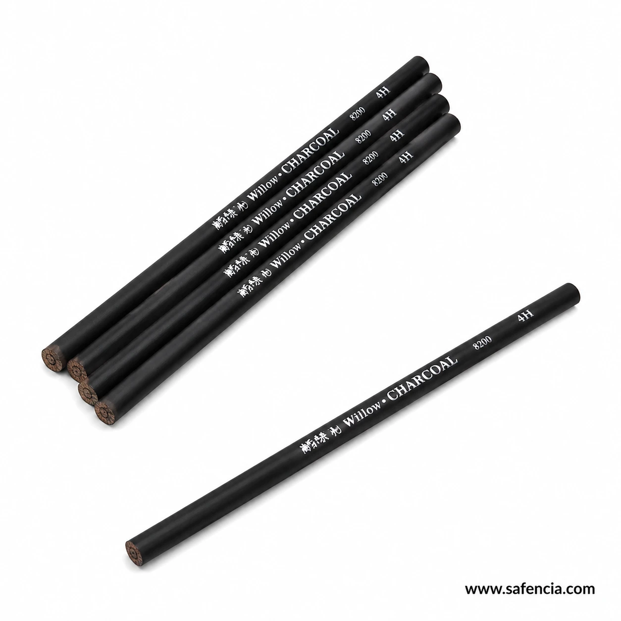 Several black charcoal pencils beside one separated single pencil illustrating the one-piece purchase format