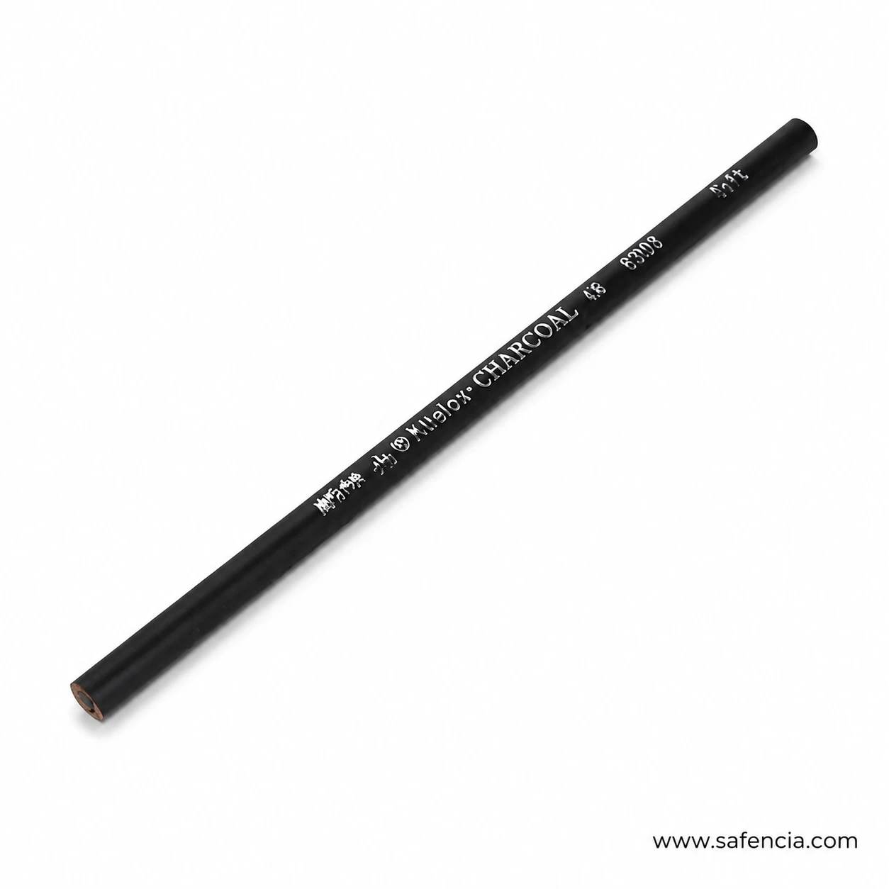 Single black charcoal drawing pencil shown full length with sharpened tip and white barrel printing