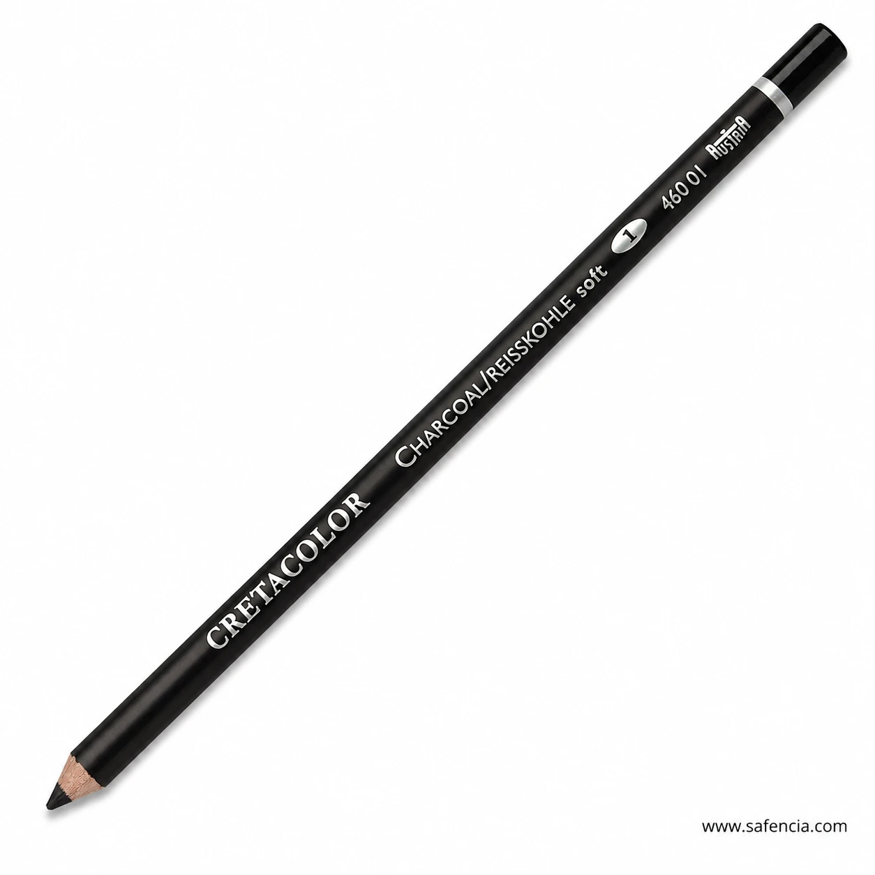 Close diagonal view of Cretacolor Reisschale charcoal pencil showing black barrel and white product printing