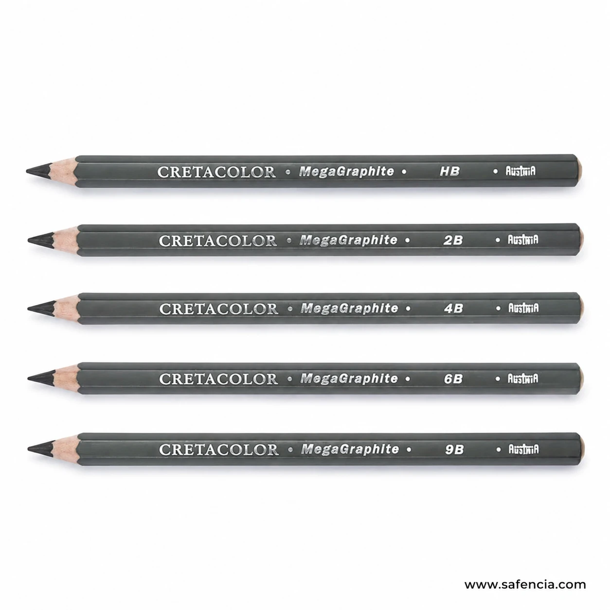 Five Cretacolor MEGA Graphite Pencils in a straight labelled lineup from HB through 9B