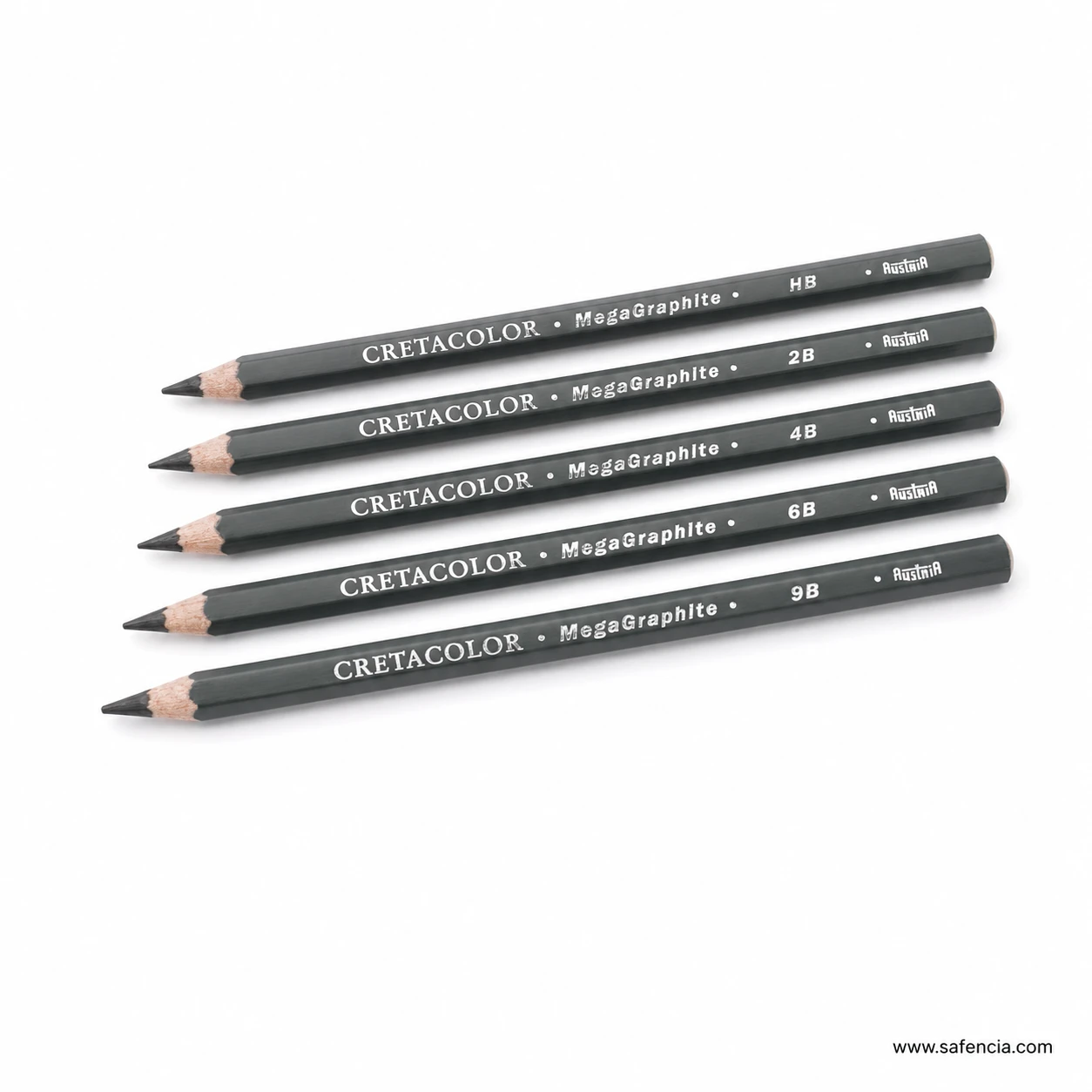 Angled group of thick Cretacolor MEGA Graphite Pencils showing oversized grey wood-cased bodies