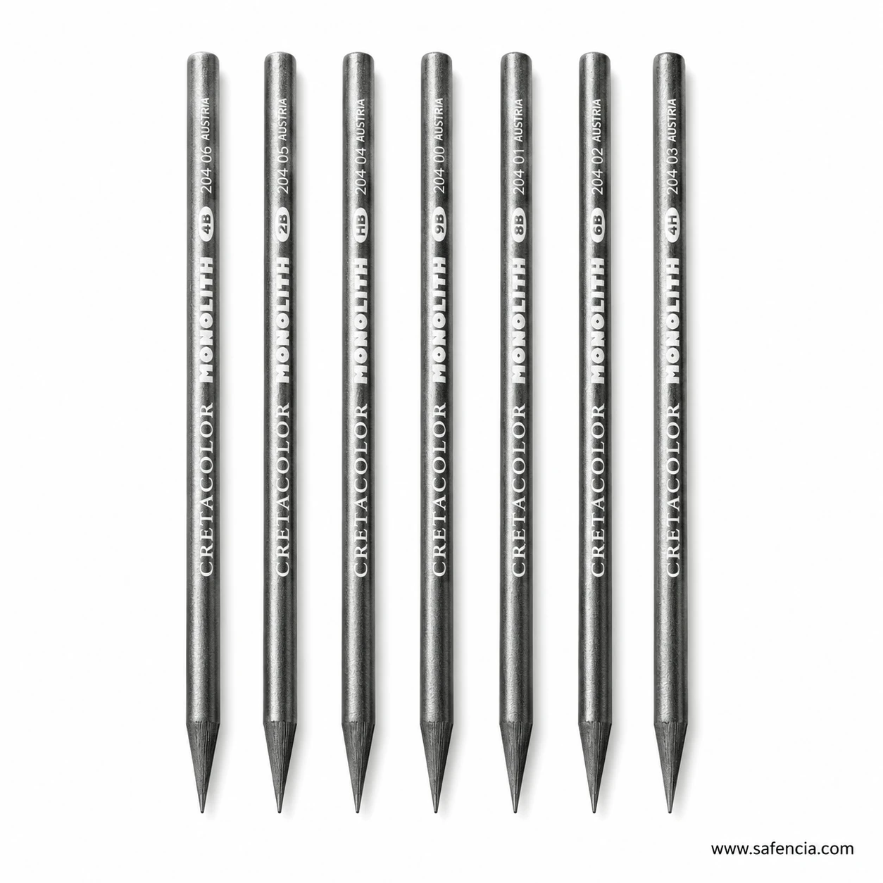Six silver-grey Cretacolor Monolith woodless graphite pencils standing in a vertical row