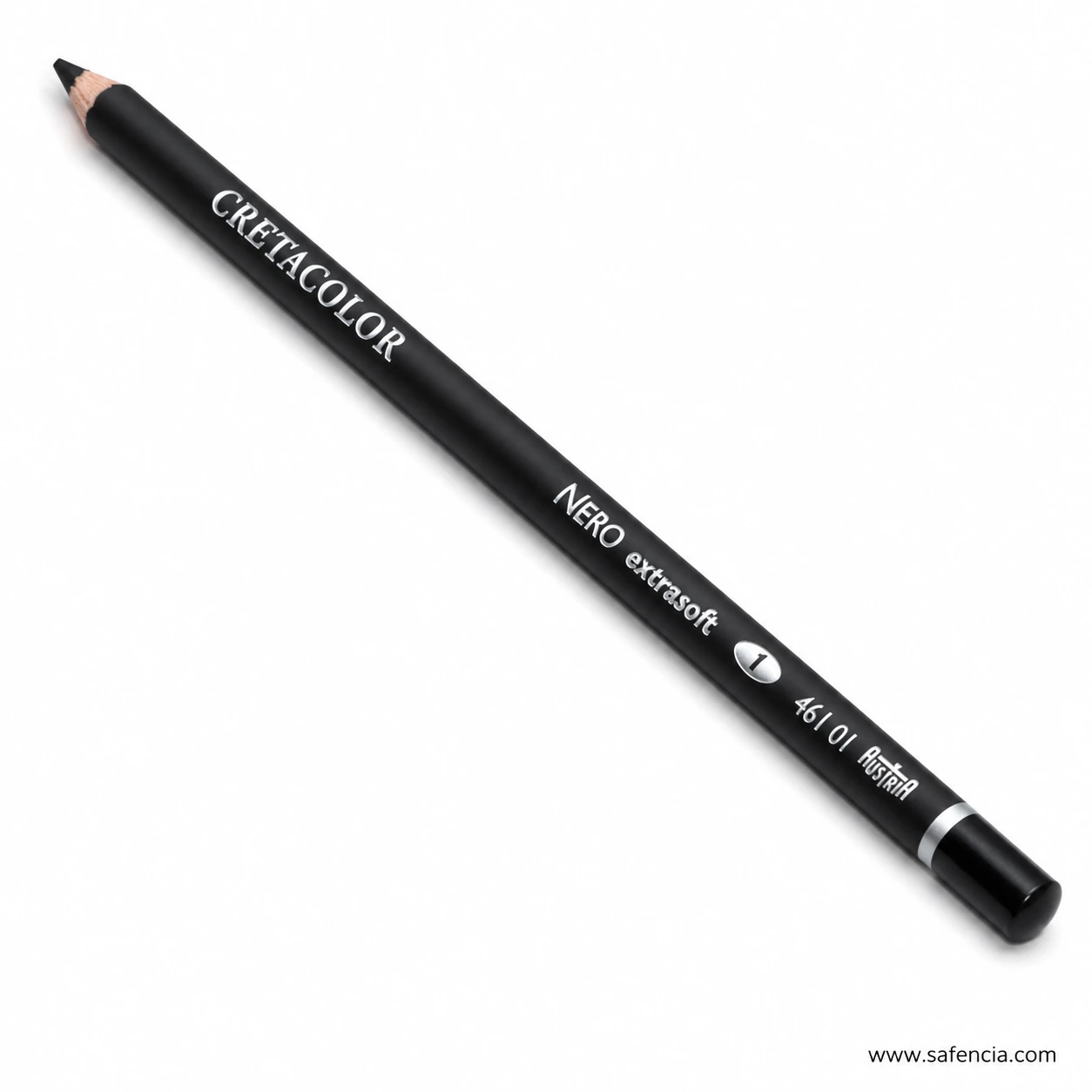 Diagonal close view of black Cretacolor Nero extrasoft charcoal pencil with branded barrel printing
