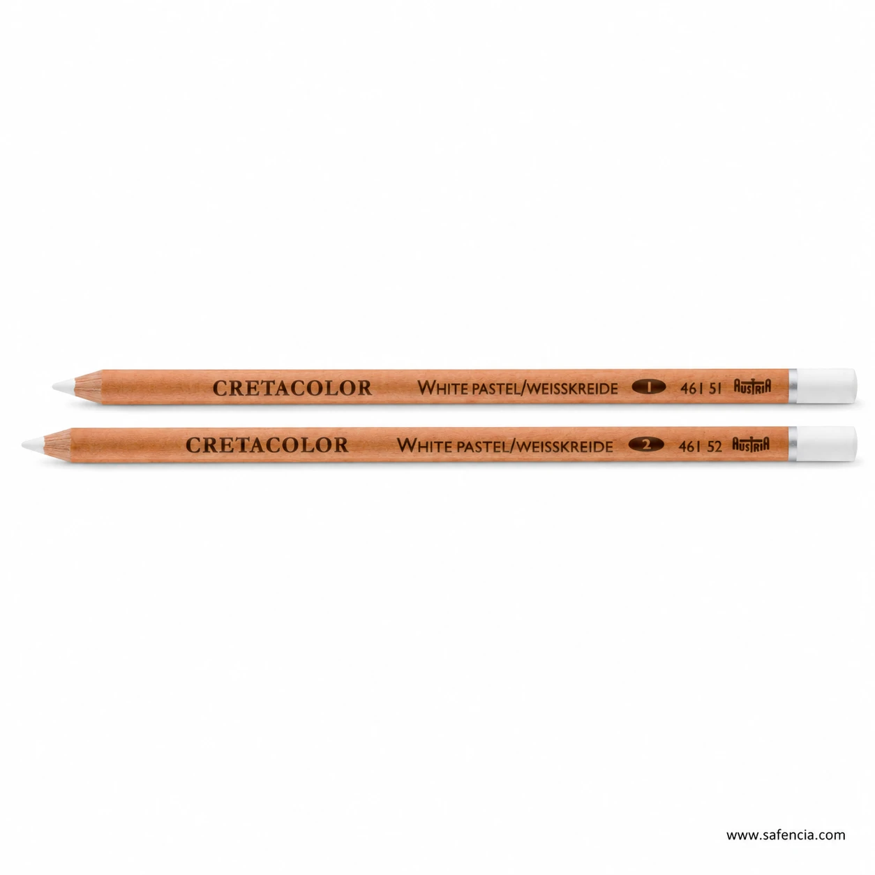 Parallel Cretacolor white pastel pencils showing natural barrels white caps and printed grade markings