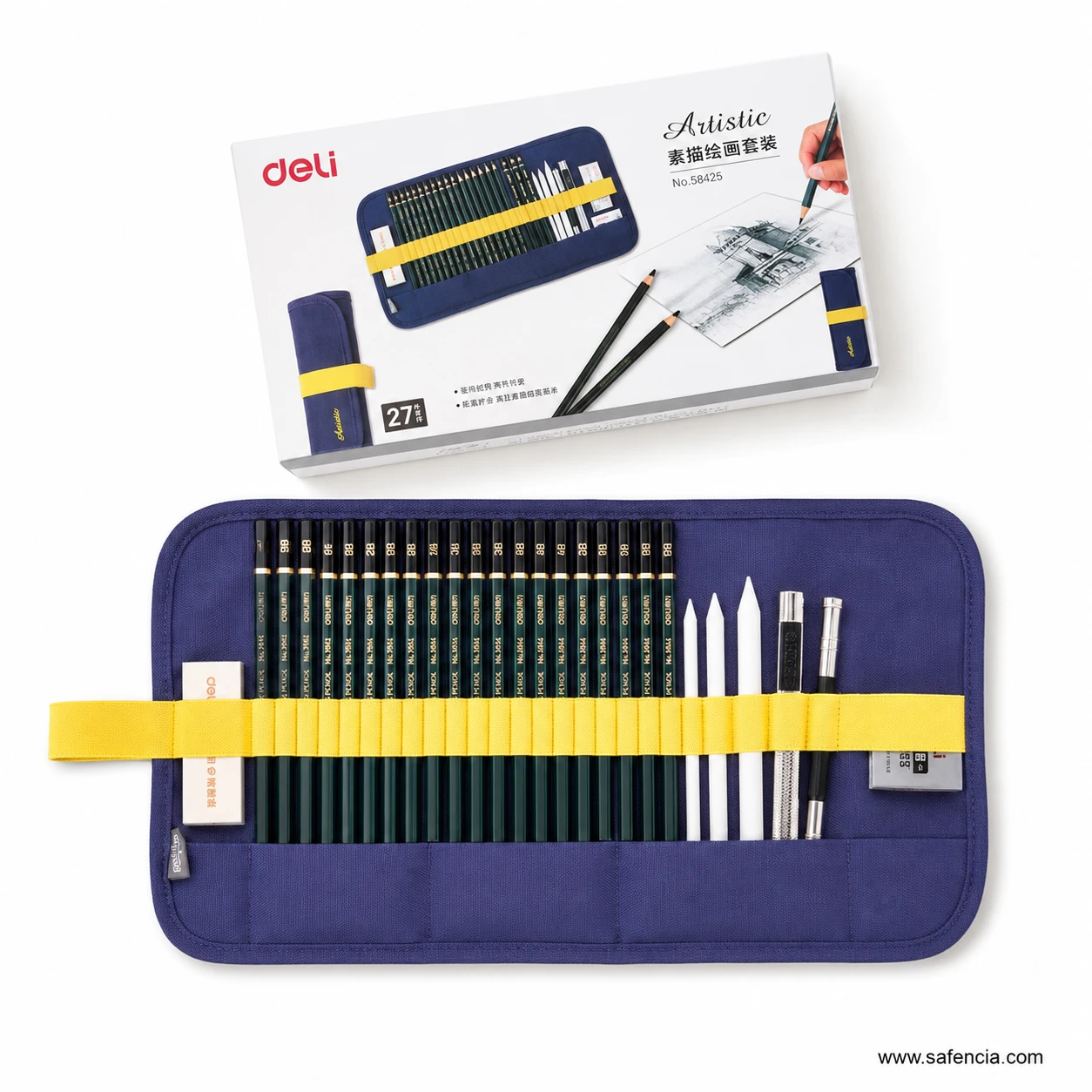Open navy Deli drawing roll holding graded pencils blending stumps erasers and metal holder