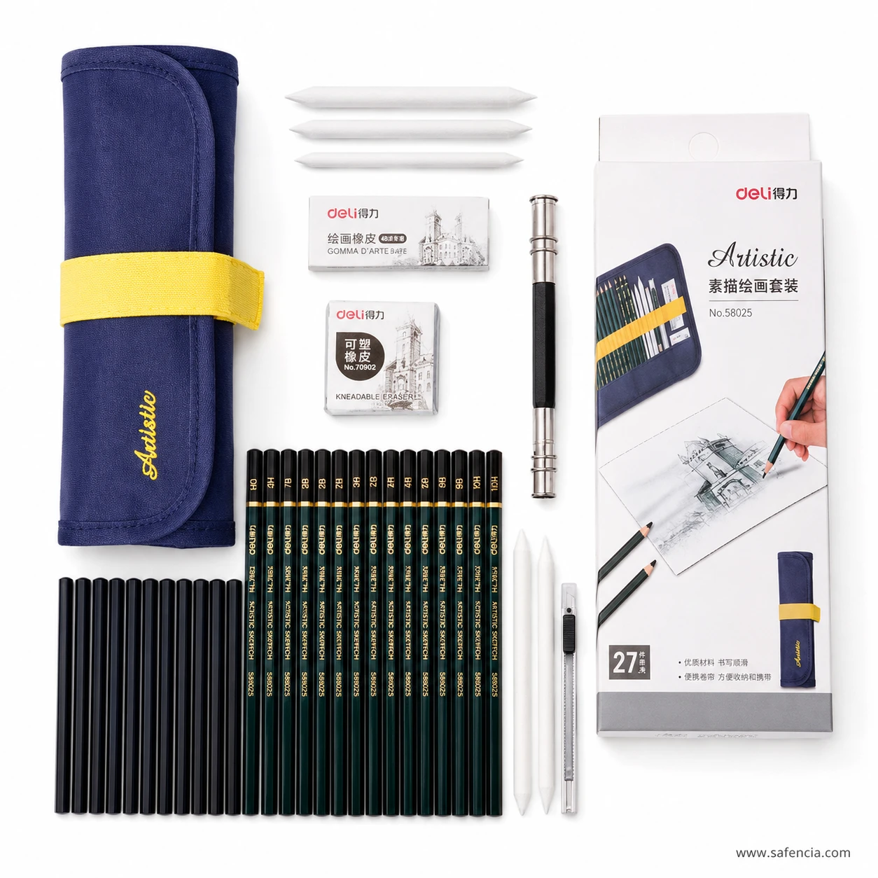 Flat lay of Deli 58025 drawing kit showing graded pencils blending stumps erasers knife holder pouch and box
