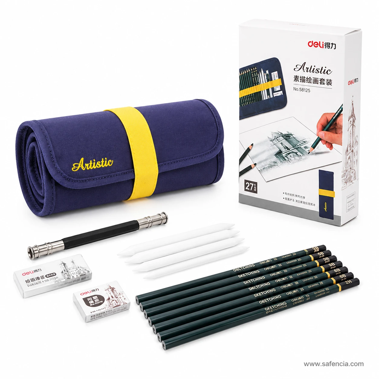 Deli Artistic sketching set with rolled pouch retail box graded pencils and accessories arranged on white