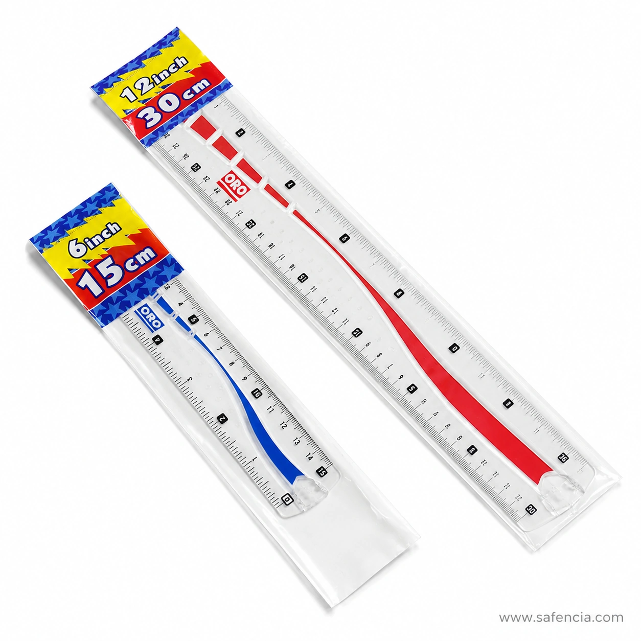 Packaged ORO transparent school rulers with blue and red centre accents on white background