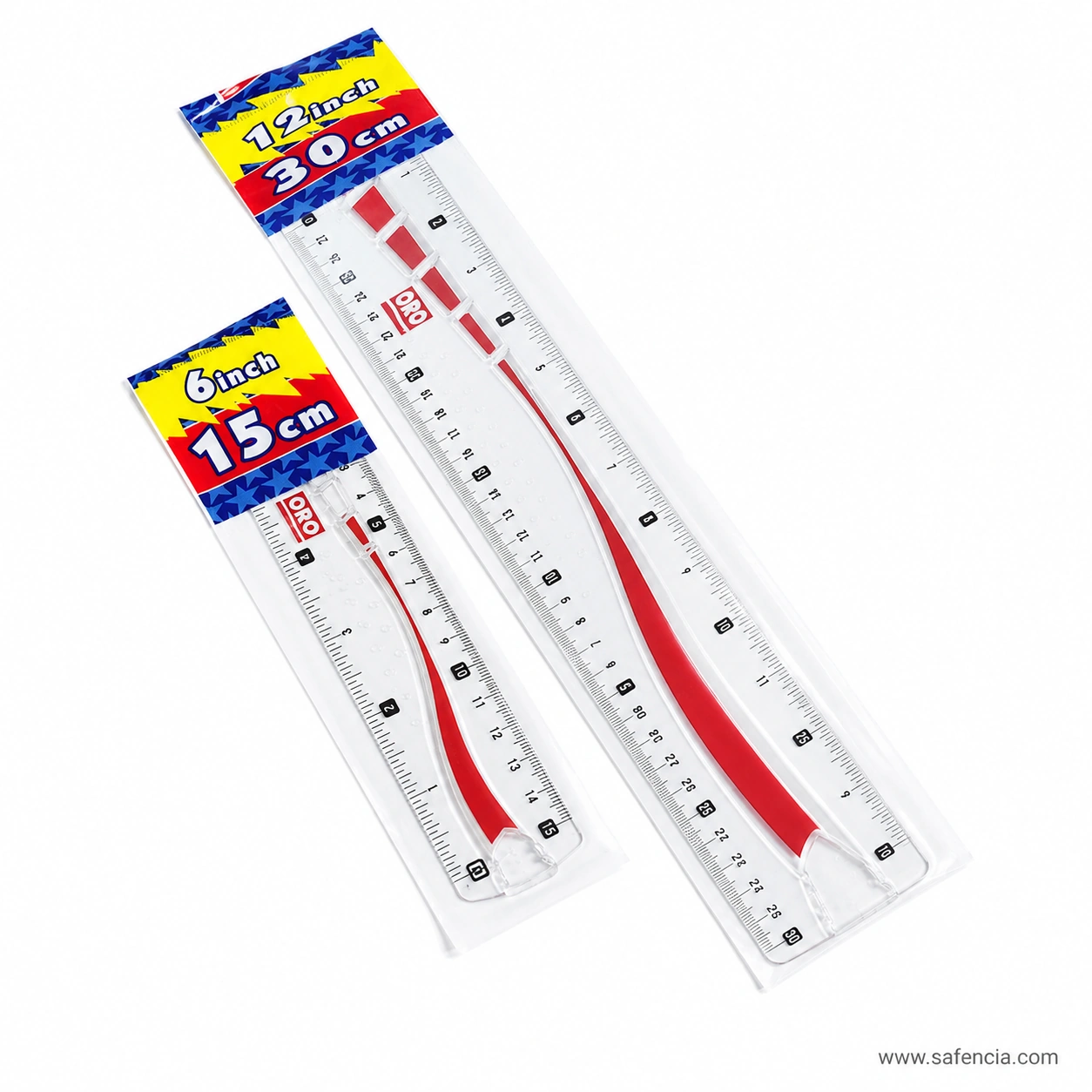 ORO clear plastic rulers with colourful 6 inch 15cm and 12 inch 30cm packaging