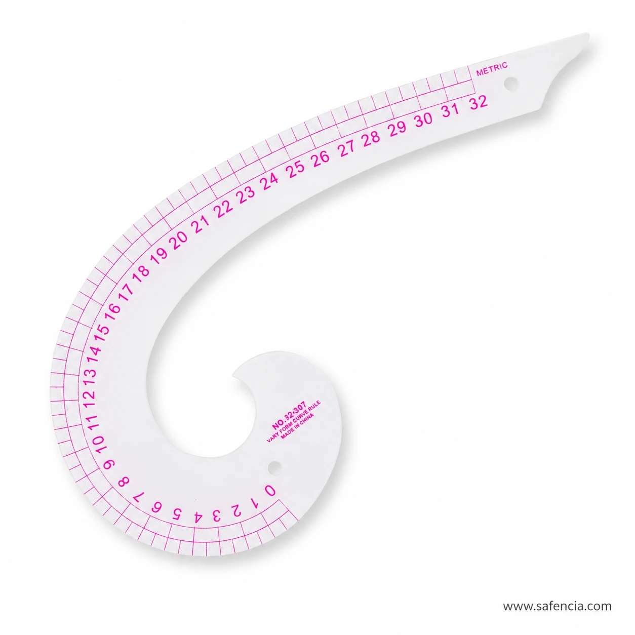 Translucent textile pattern curve ruler showing long sweeping edge and metric markings to 32