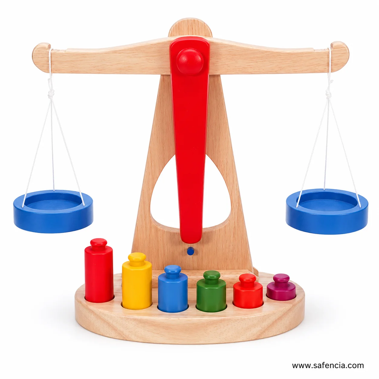 Front view of wooden kids balance toy with level beam, hanging trays and graduated weights