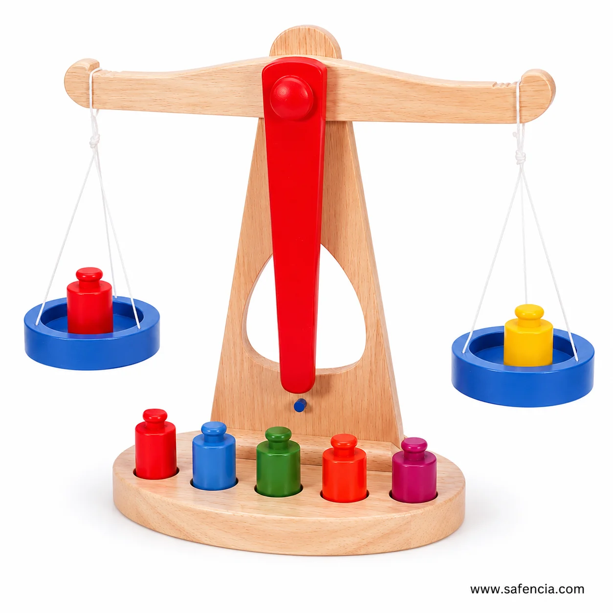 Kids wooden balance scale demonstrating coloured weights placed in both hanging pans