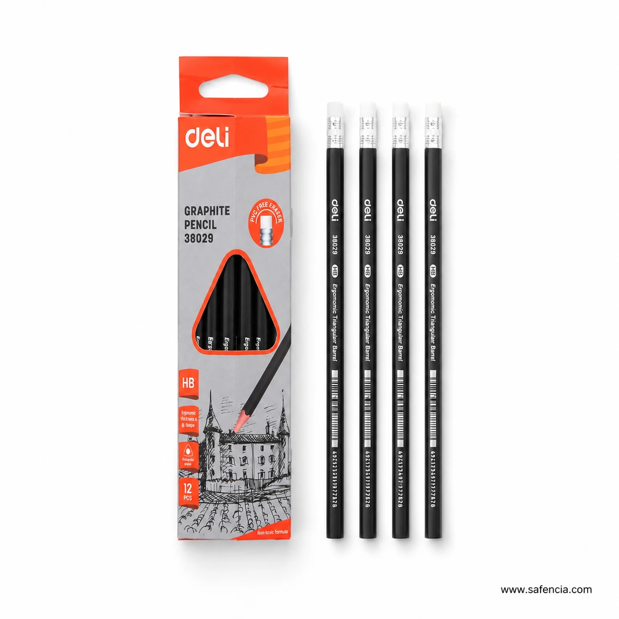 Front-facing Deli 38029 box with four representative black triangular HB pencils and white eraser tips