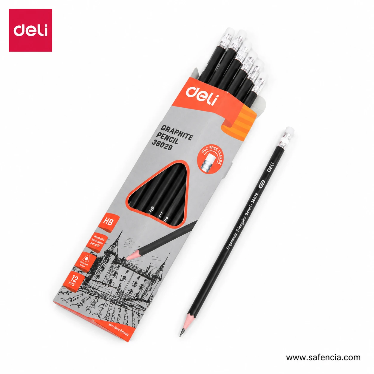 Angled Deli Student graphite pencil box with black HB pencils and one eraser-tipped pencil separated