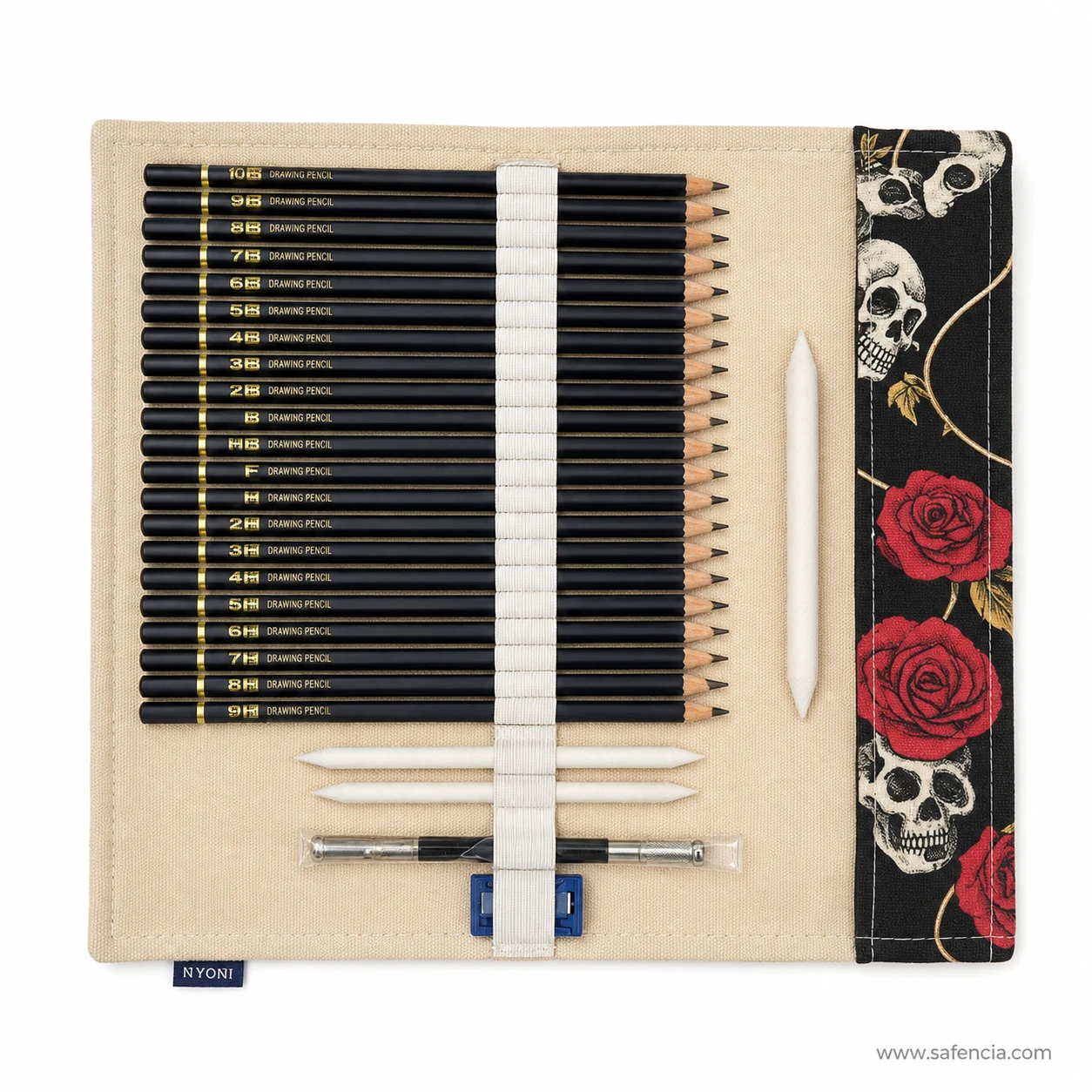 Close-up of Nyoni art set accessories including dual-head pencil extender, cutter, and erasers