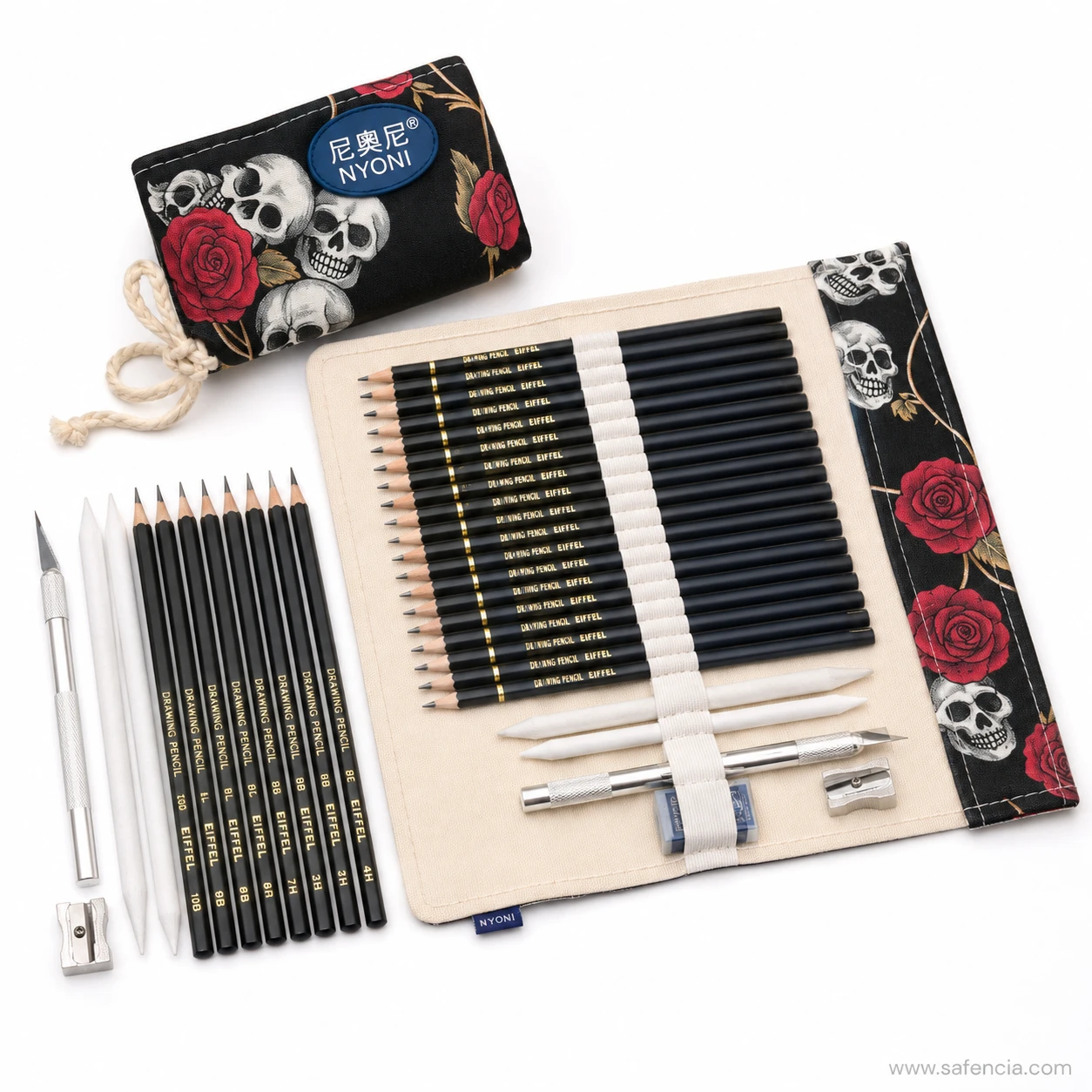 Detailed view of premium printed canvas fabric pattern on Nyoni 28-piece artist pencil roll