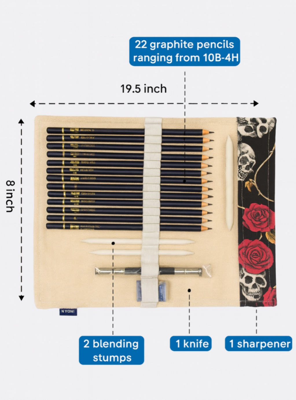Nyoni drawing pencil roll showing 22 graphite pencils from 10B to 4H with 19.5 by 8 inch size guide