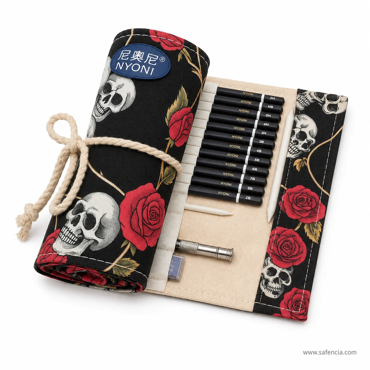 Nyoni skull and rose canvas art pencil roll securely tied with leatherette wrap strap