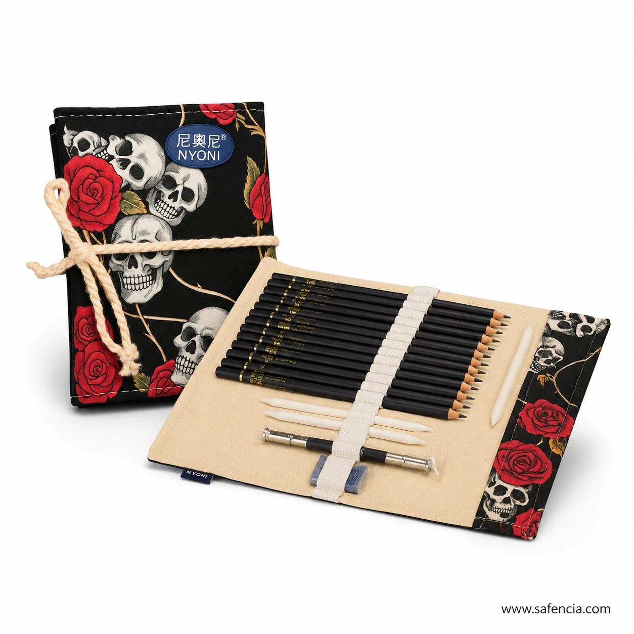 Nyoni drawing set displayed with one open skull rose pouch and one tied roll presentation