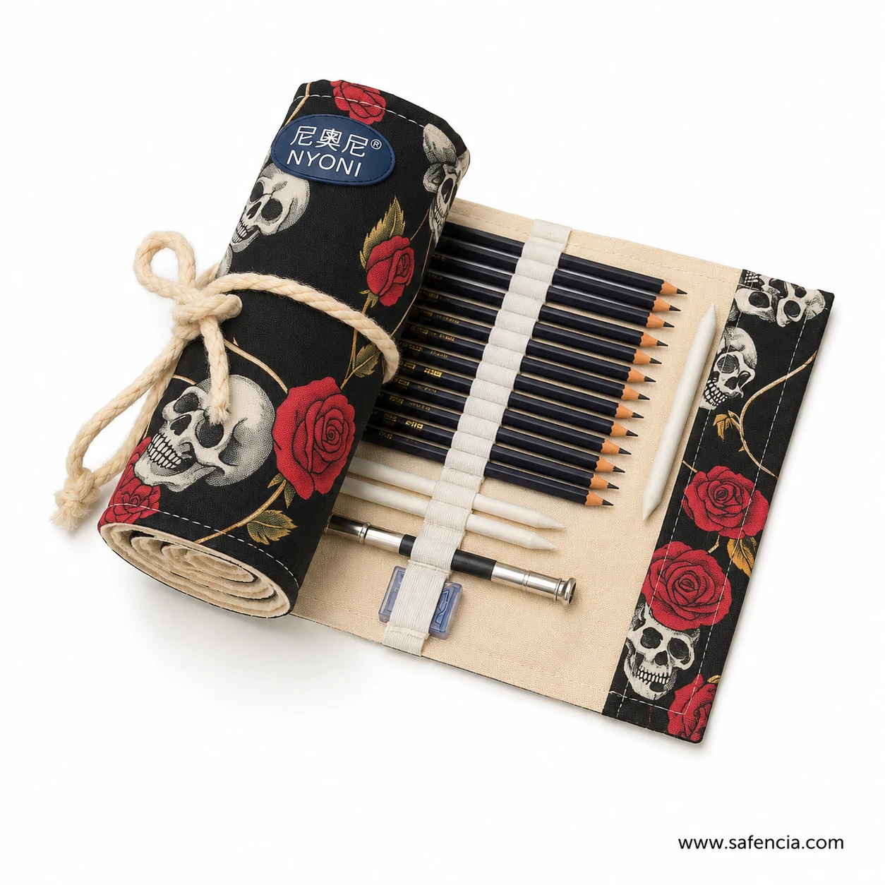 Partly opened Nyoni skull and rose pencil pouch with graphite grades blending stumps and holder visible