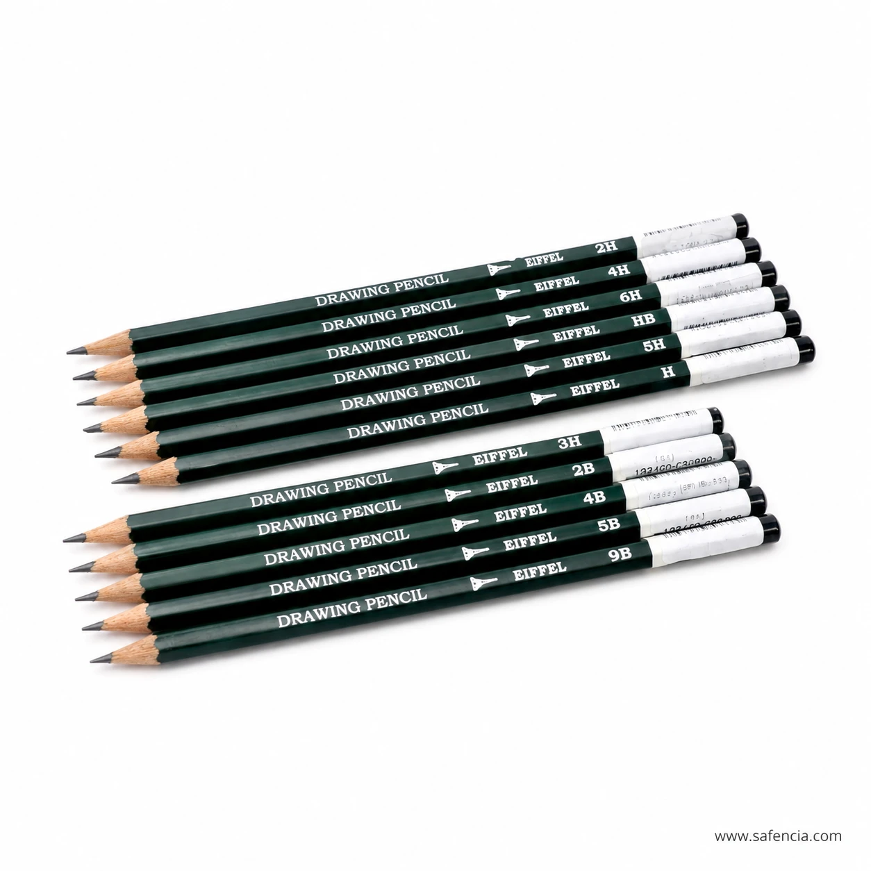 Wide lineup of dark green Eiffel drawing pencils with sharpened points and white labelled eraser ends