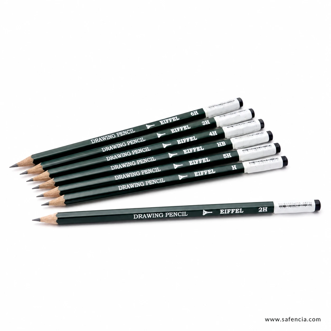 Eiffel green drawing pencils with one separated pencil showing barrel printing grade end and white eraser