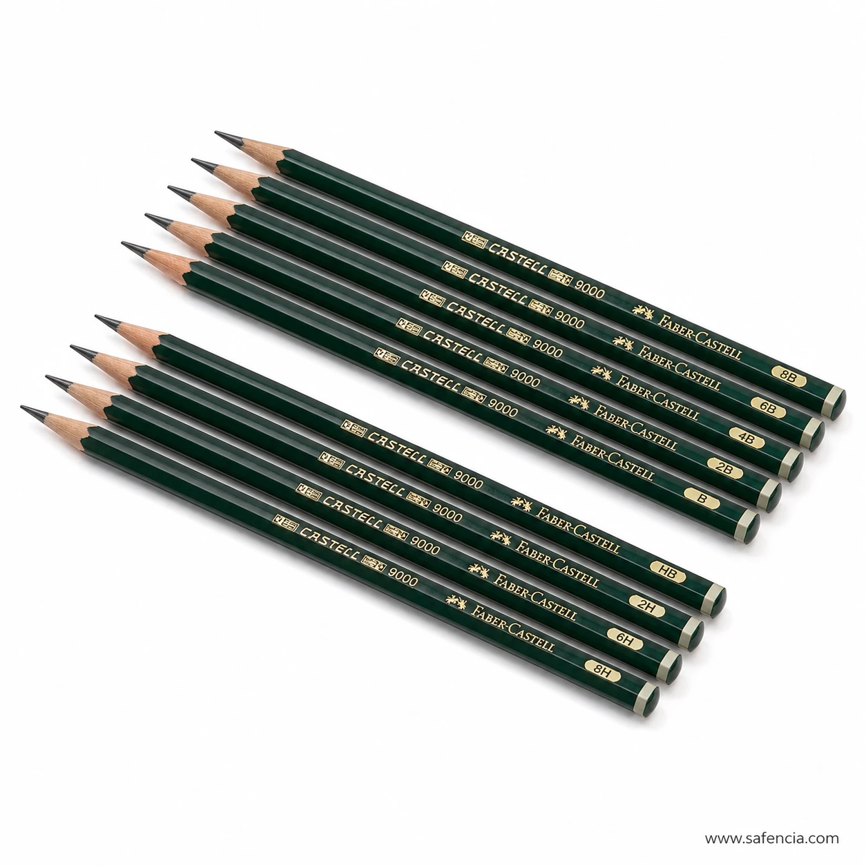 Six Faber-Castell 9000 graphite pencils laid at an angle to show the compact set range