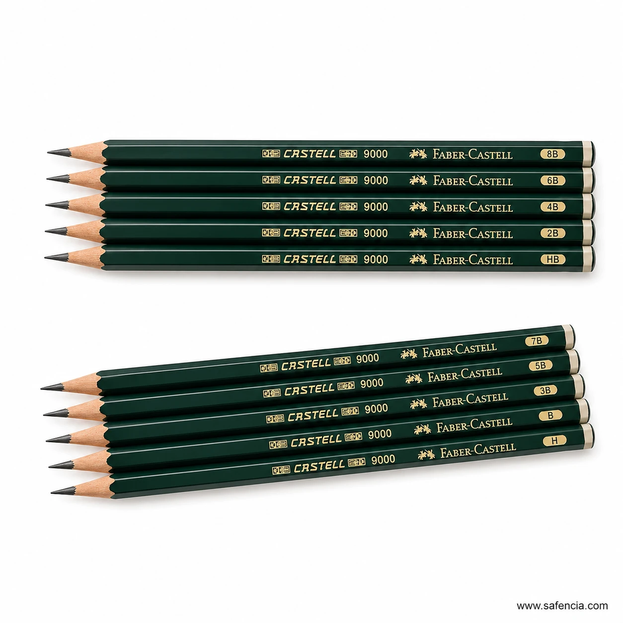 Six dark green Faber-Castell 9000 graphite pencils arranged in a straight row with labelled ends