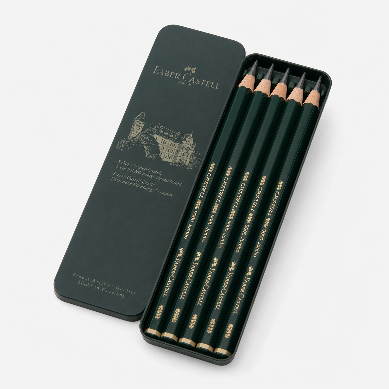 Angled open Faber-Castell 9000 Jumbo tin containing exactly five thick dark green graphite pencils