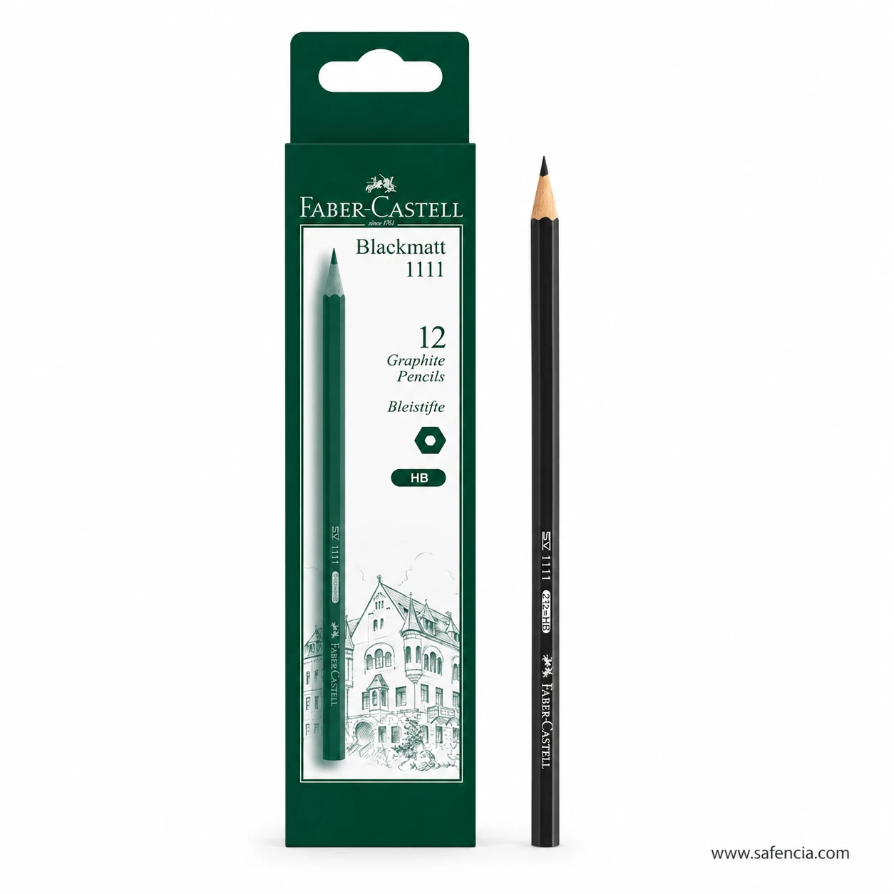 Front view of Faber-Castell Black Matt 1111 twelve-pencil box with one sharpened black HB pencil