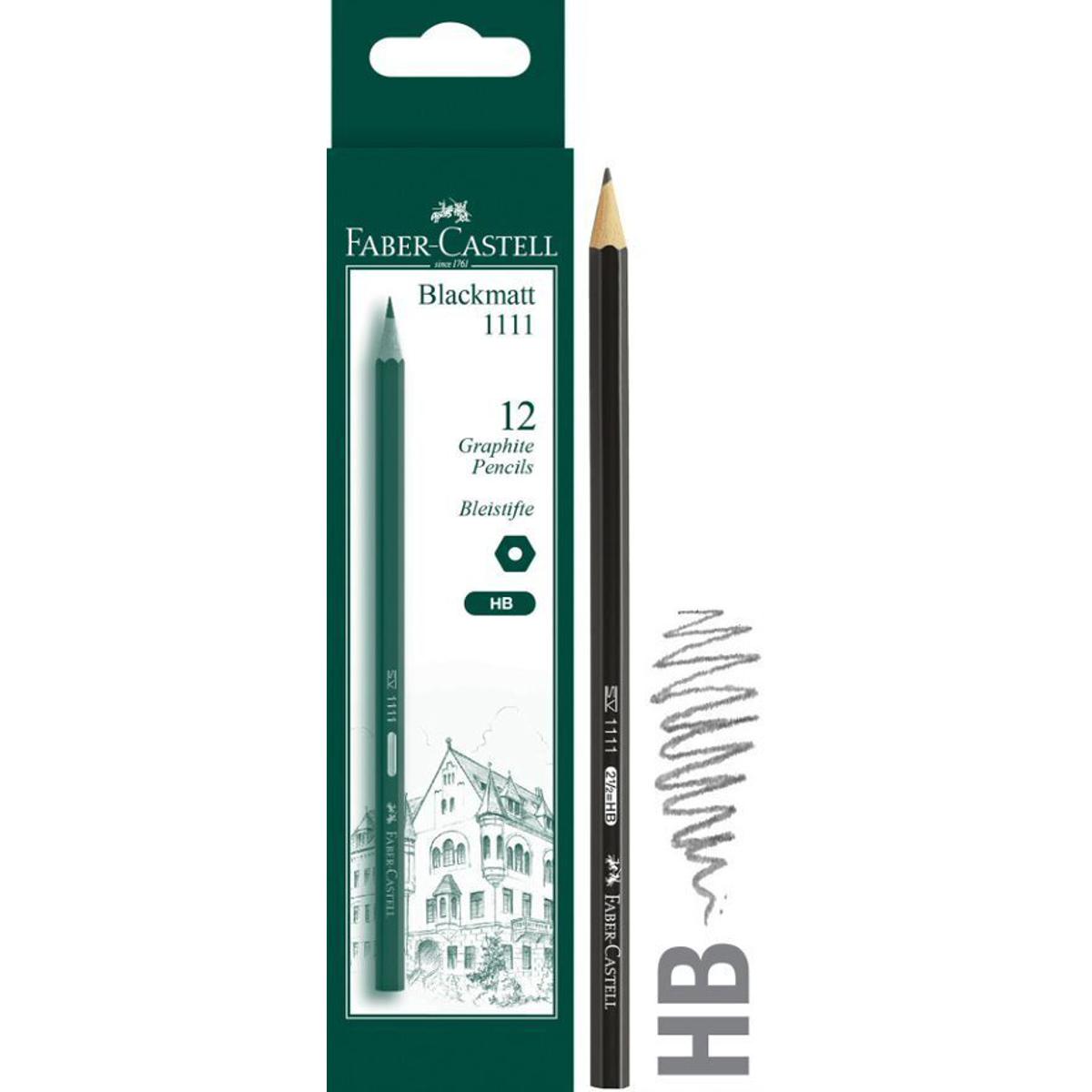 Faber-Castell Black Matt 1111 HB retail box beside a single black pencil and graphite test marks