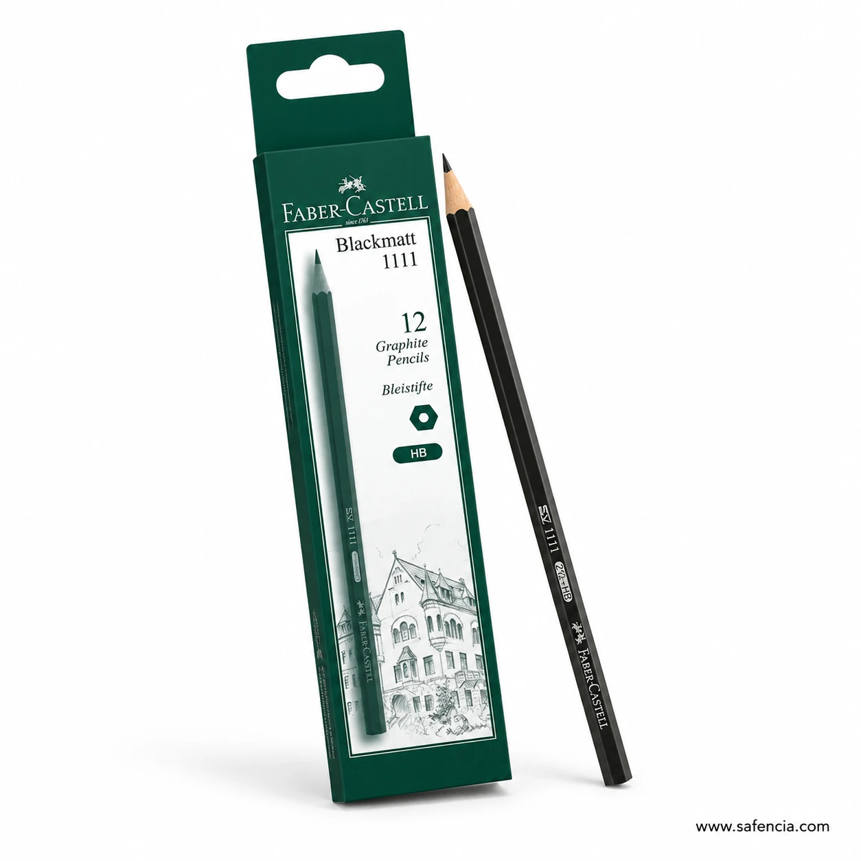 Angled Faber-Castell Black Matt 1111 green box with one black HB graphite pencil beside it