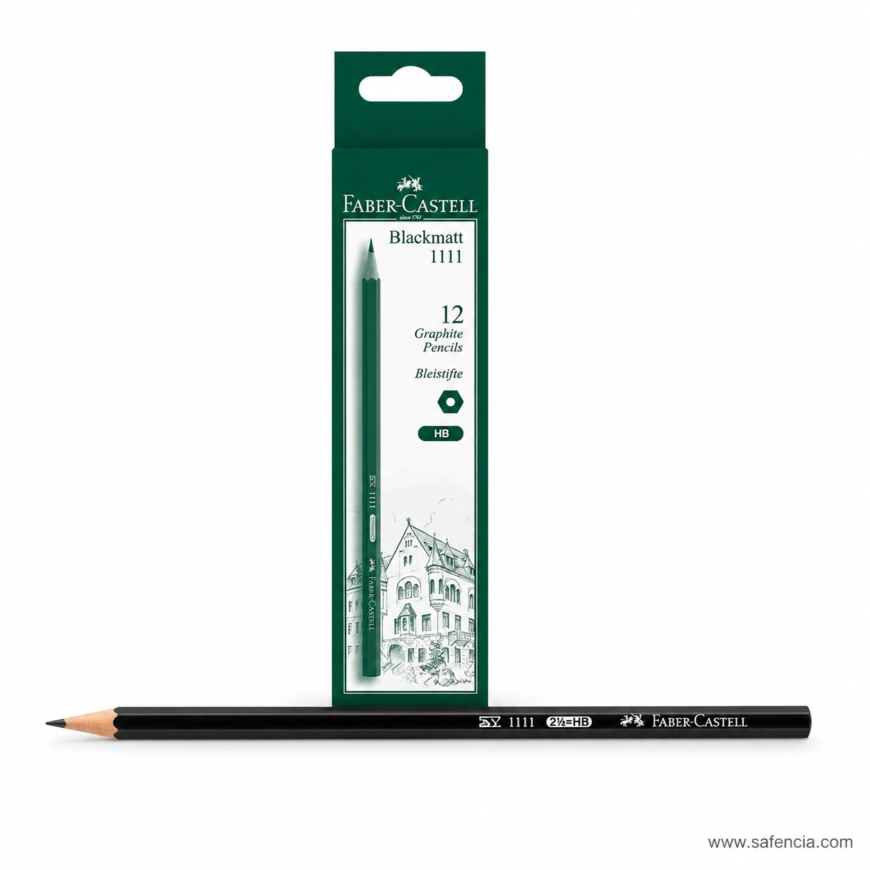 Horizontal black Faber-Castell HB pencil placed below upright Black Matt 1111 pack of twelve