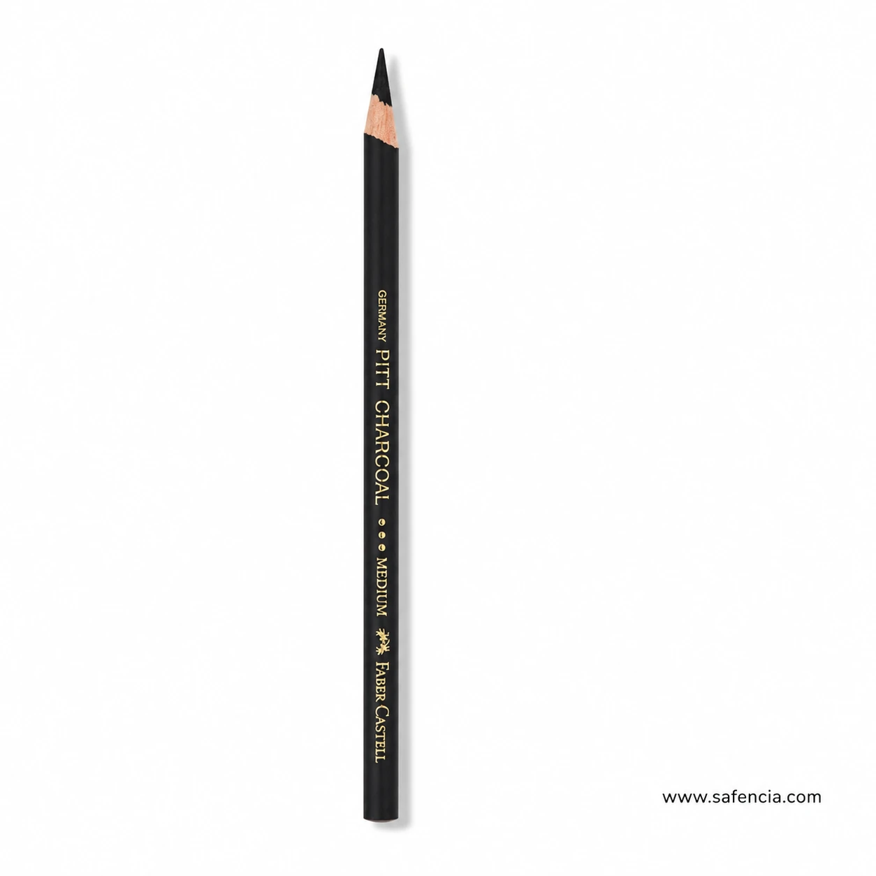 Single Faber-Castell Pitt Charcoal Medium pencil placed diagonally with full black and gold barrel visible