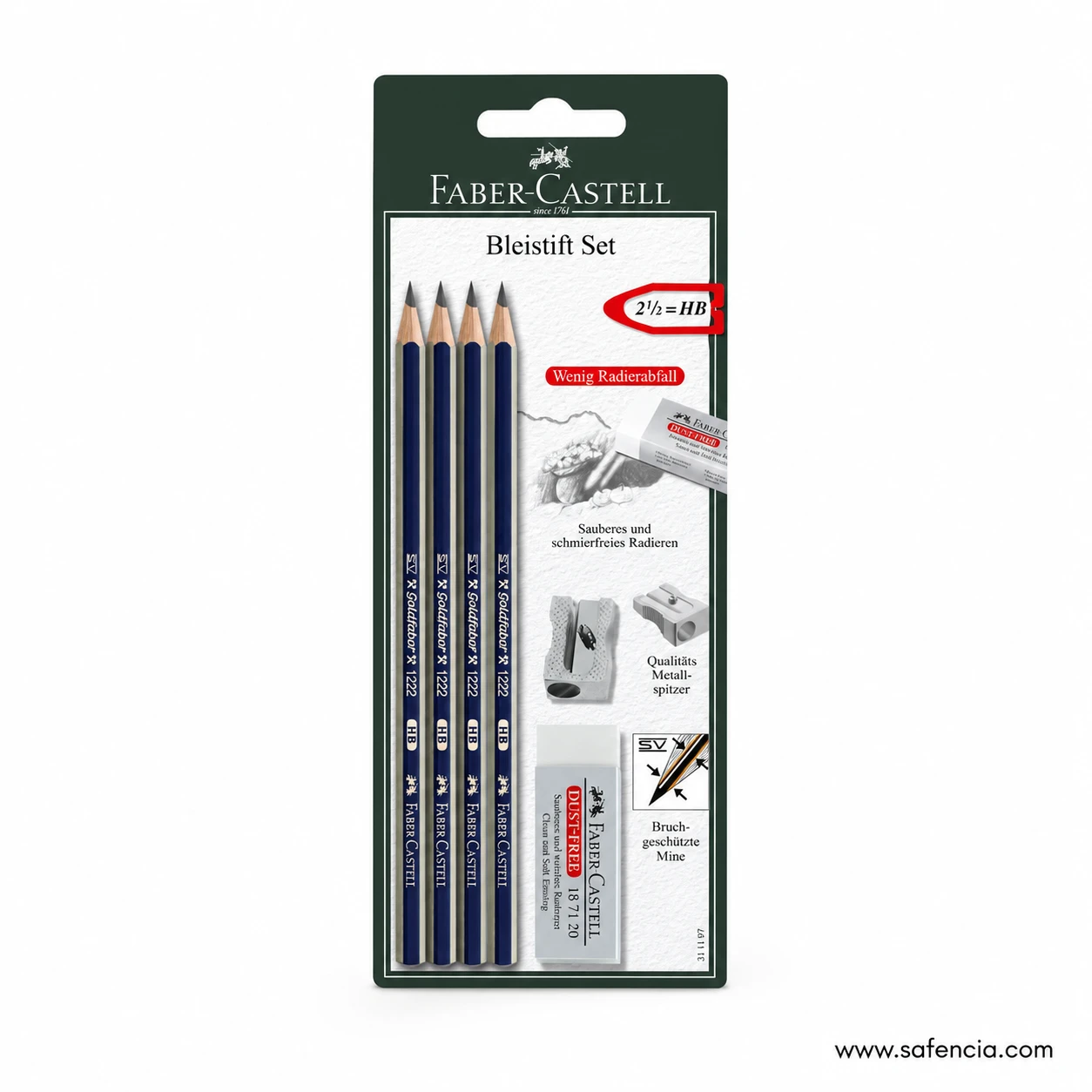 Angled Faber-Castell Goldfaber pencil set showing four red and black HB pencils in the package