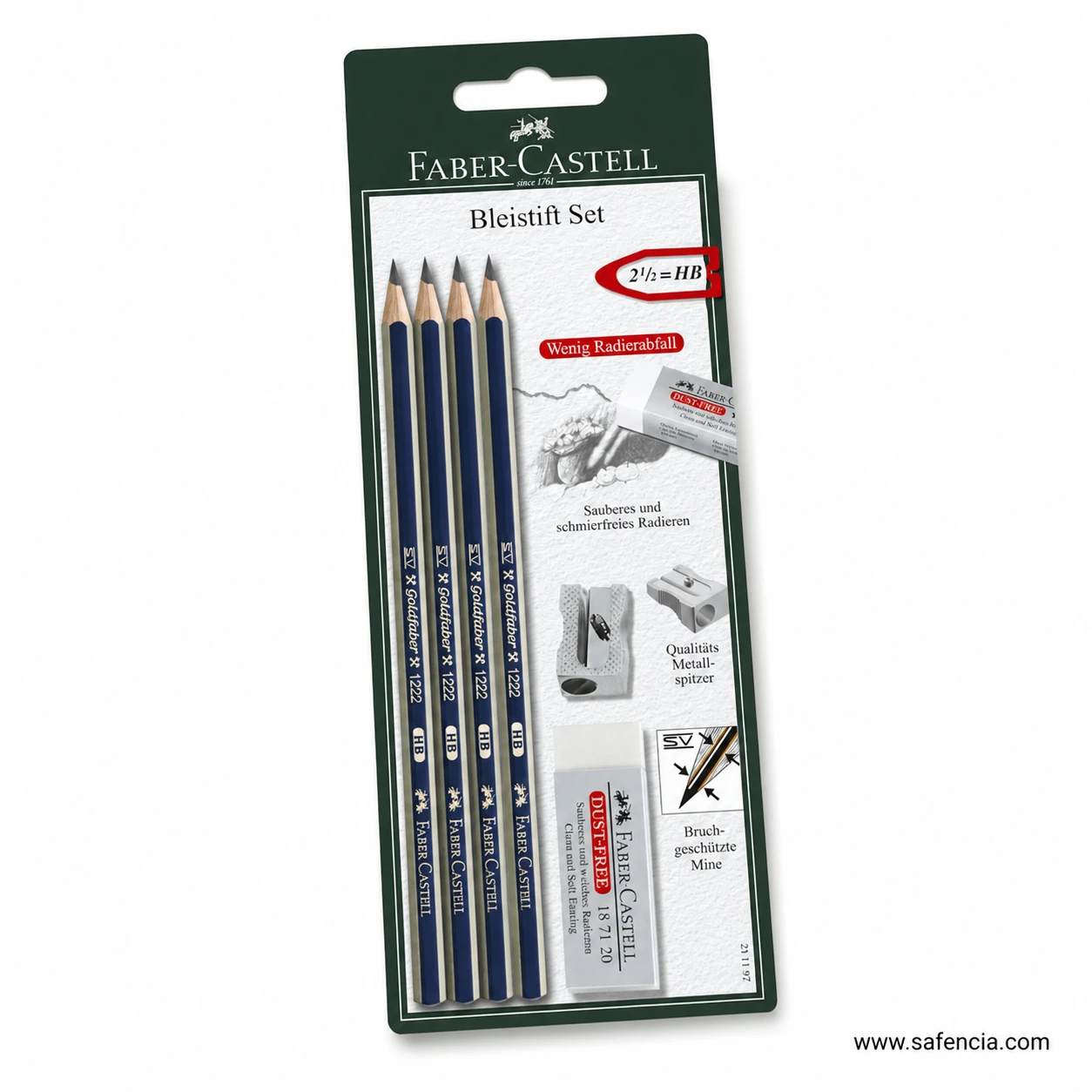 Goldfaber HB pencil kit contents showing four pencils one Dust-Free eraser and one metal sharpener
