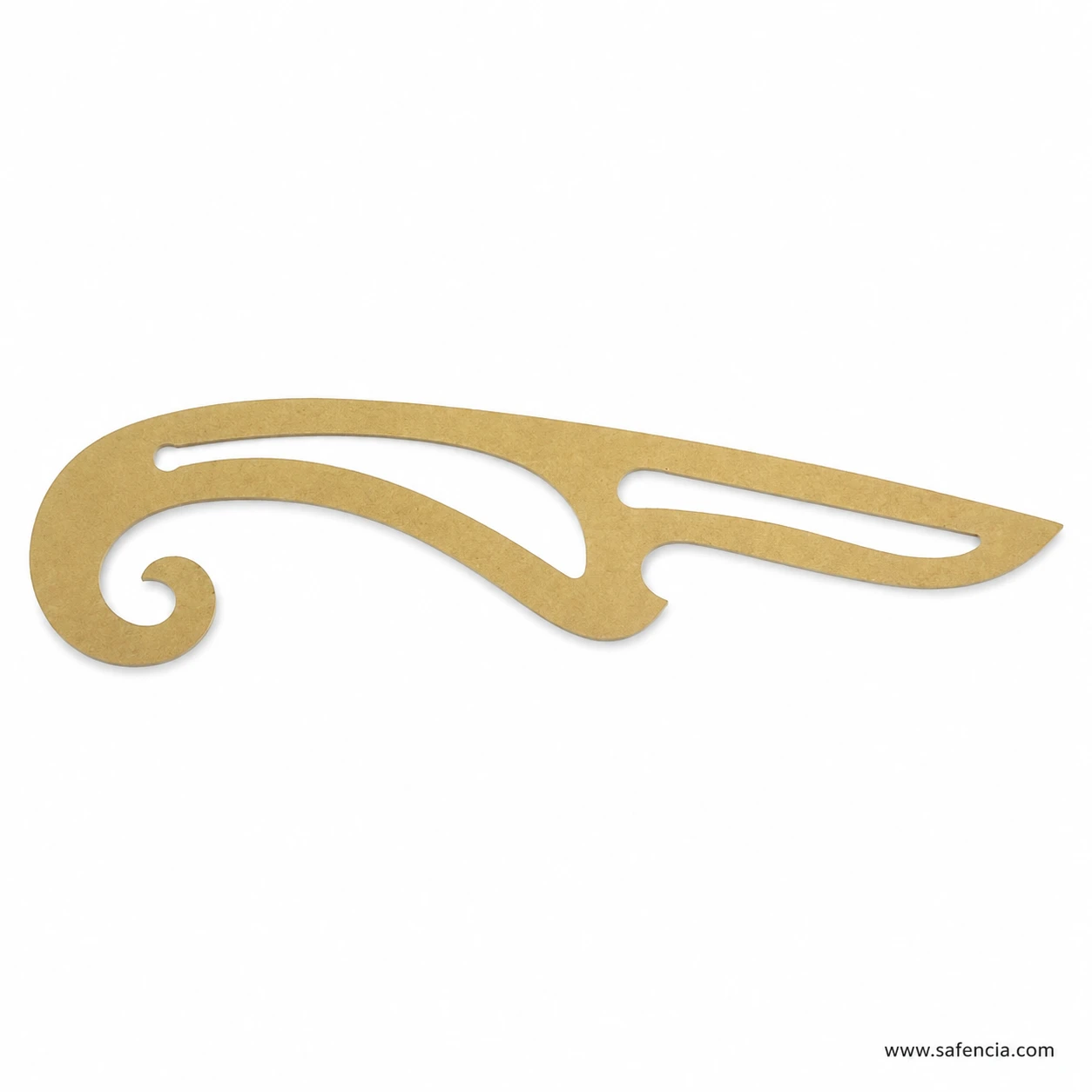 Full profile of rigid wood-tone French curve drawing template with changing curved edges