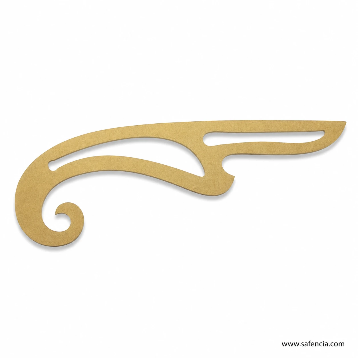 Wooden French curve template showing inner tracing guides and long gradual outer edge