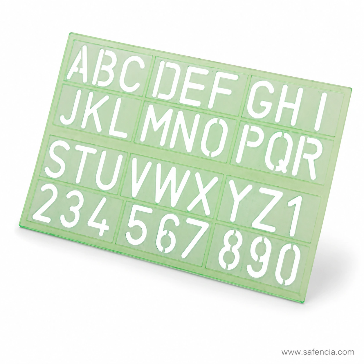 Uppercase English letter and digit stencil with bold reusable tracing openings in green plastic