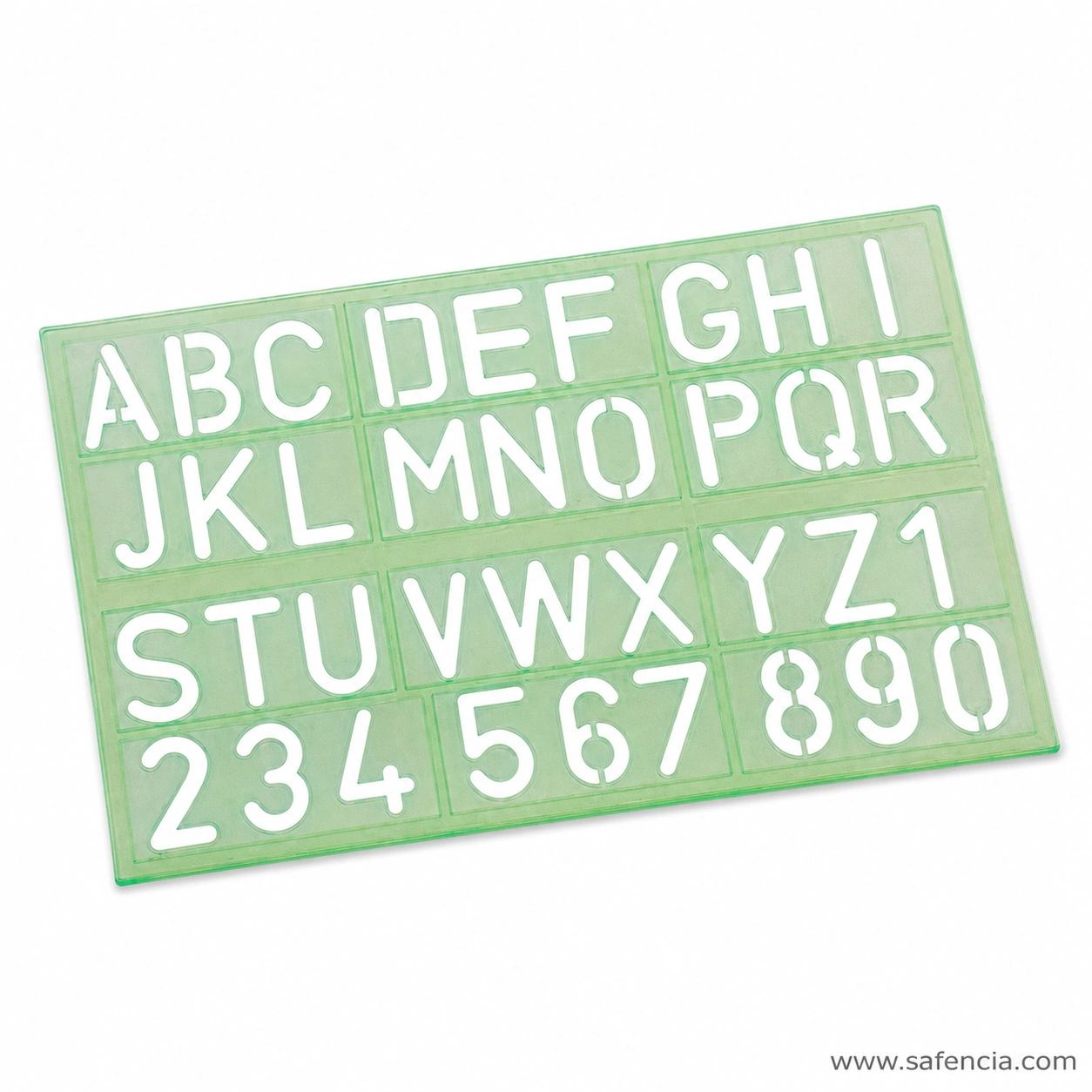 Green alphabet and number stencil sheet with separate rectangular character guide sections