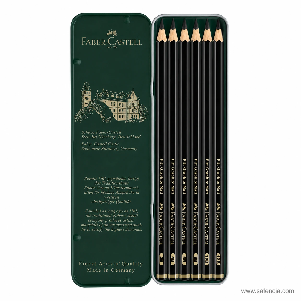 Front view of Faber-Castell Pitt Graphite Matt 6 piece pencil tin set with green branding