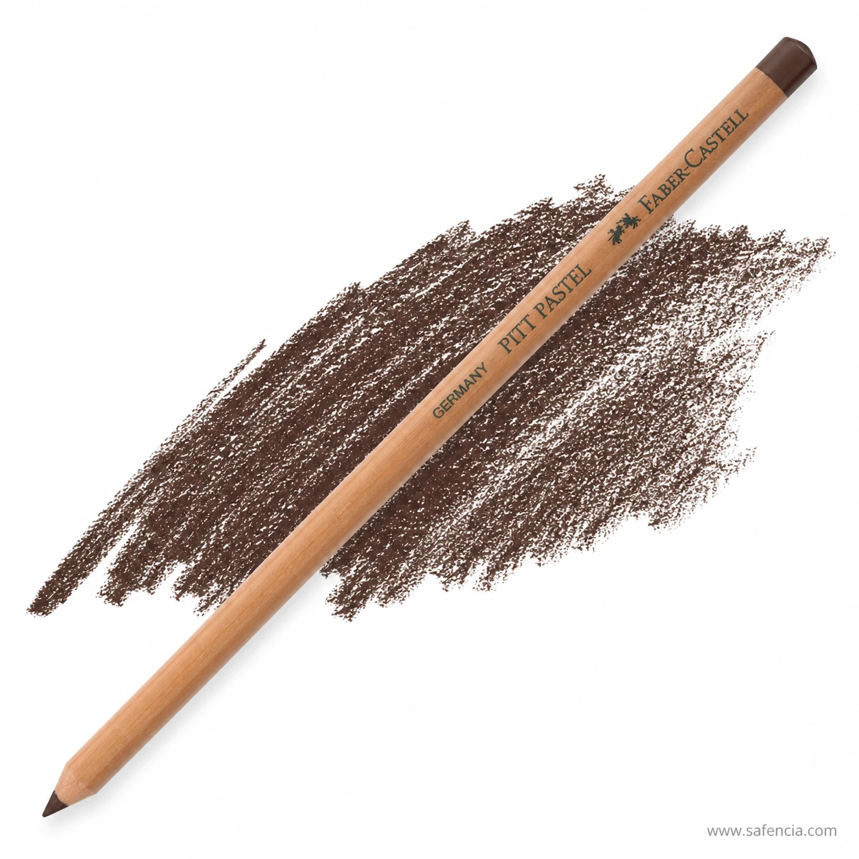 Single Faber-Castell Pitt Pastel Dark Sepia pencil shown diagonally with natural barrel and dark core