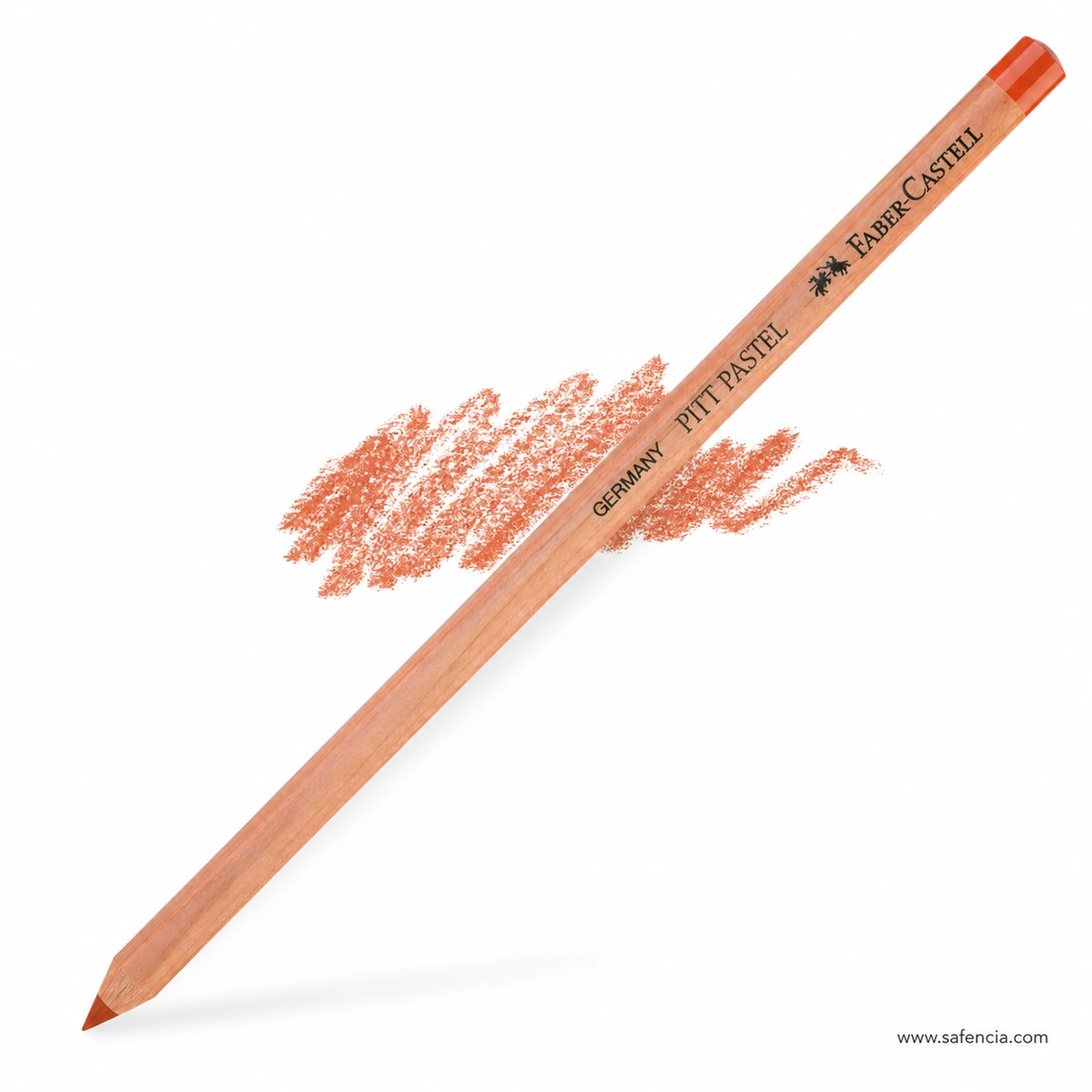 Single Faber-Castell Pitt Pastel Sanguine pencil displayed diagonally beside a warm earth colour swatch