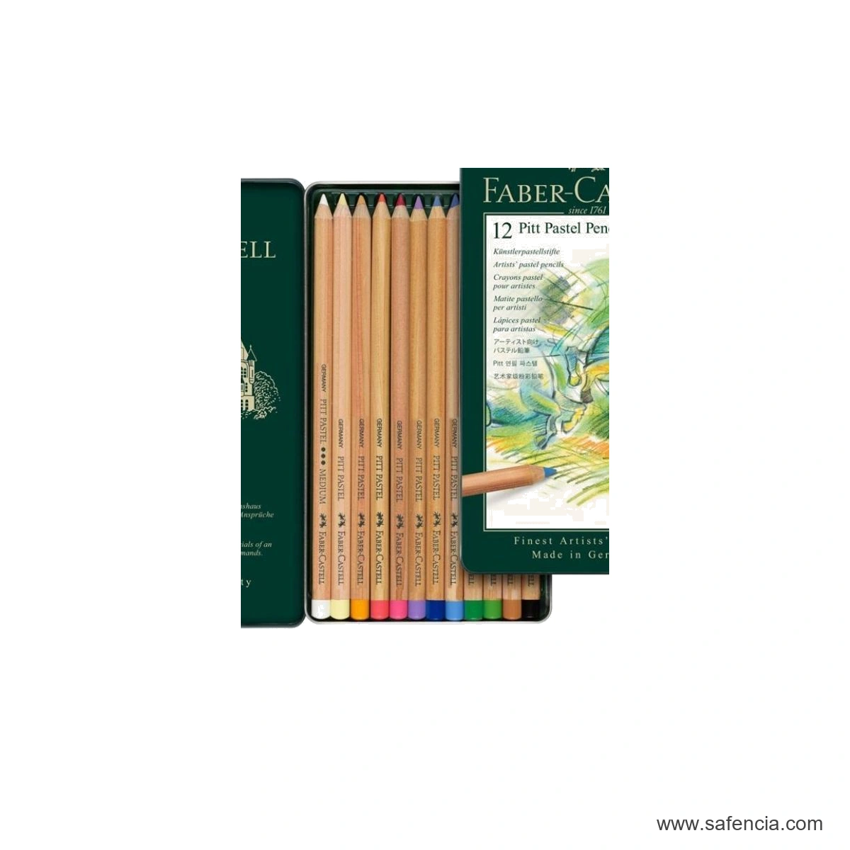 Close view of 12 Faber-Castell Pitt Pastel natural wood pencils showing assorted coloured ends