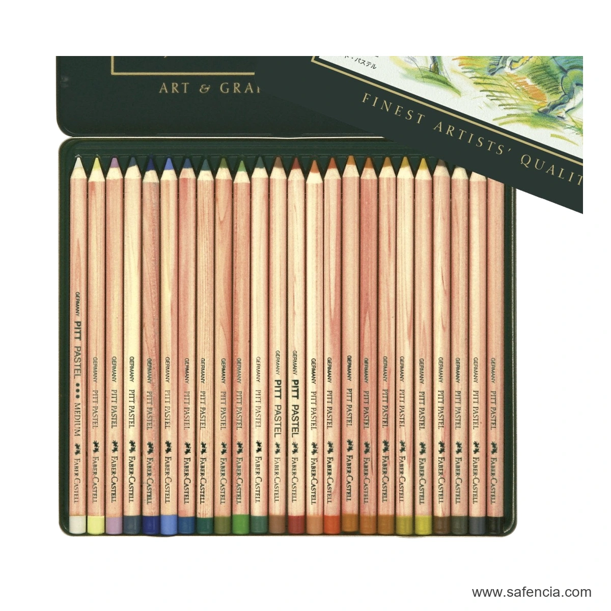 Detailed row of 24 Faber-Castell Pitt Pastel pencils with varied colour tips and natural barrels