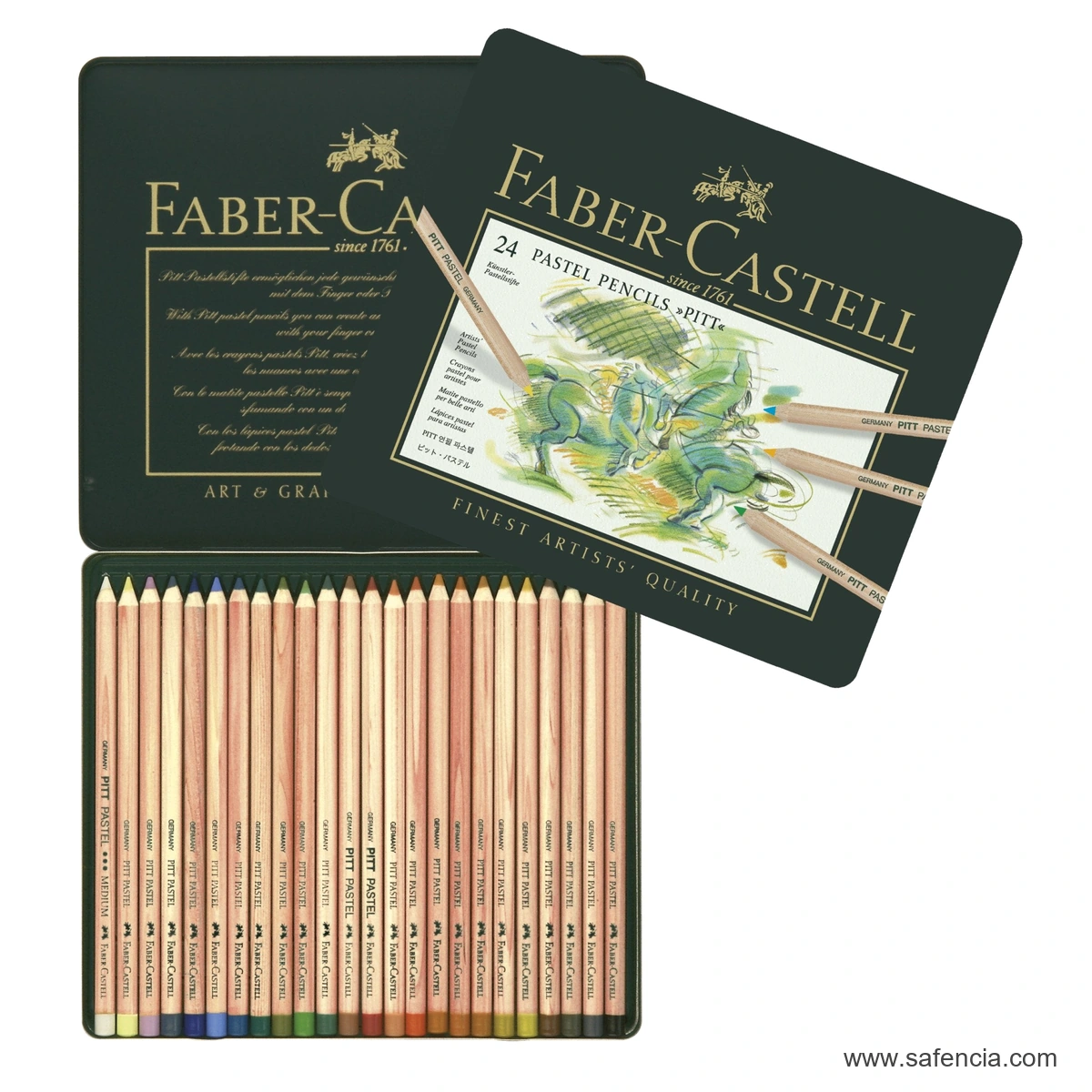 Open Faber-Castell Pitt Pastel metal tin containing 24 assorted natural wood artist pencils