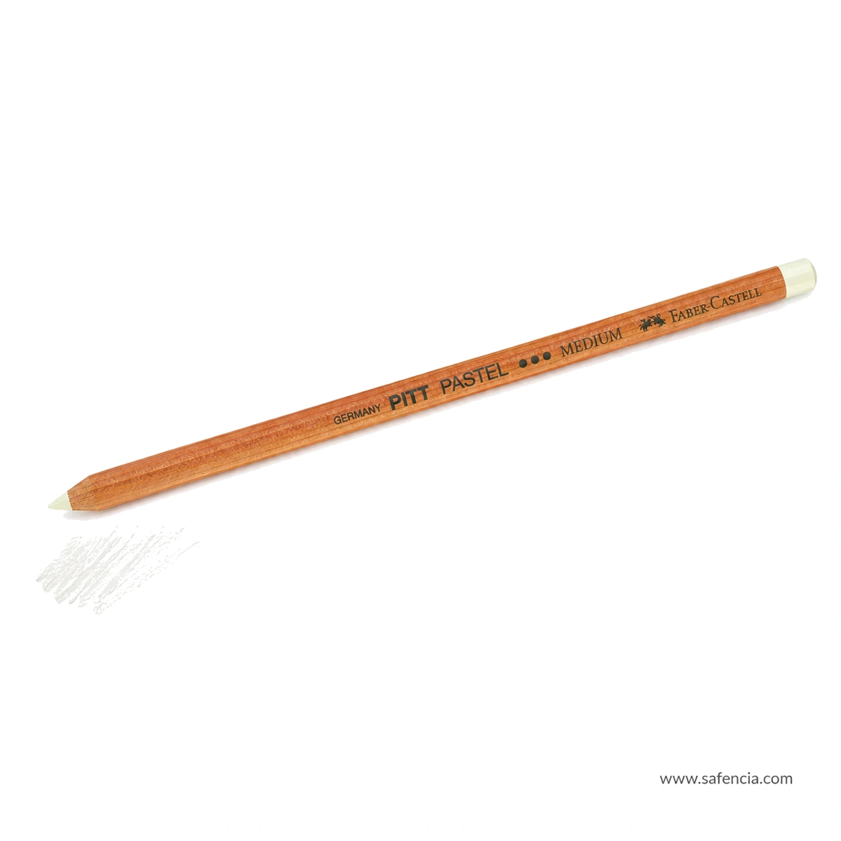 Faber-Castell Pitt Pastel White Medium pencil beside a small white pastel test swatch